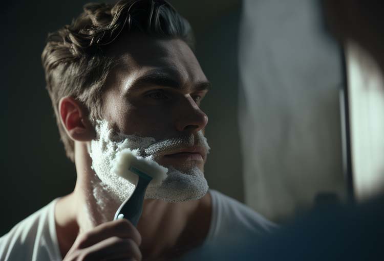 Man looking at himself in a mirror and shaving his beard.